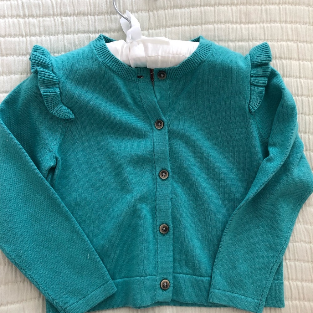 Mini Boden everyday cardigan sweater, 2-3y, ruffle, green